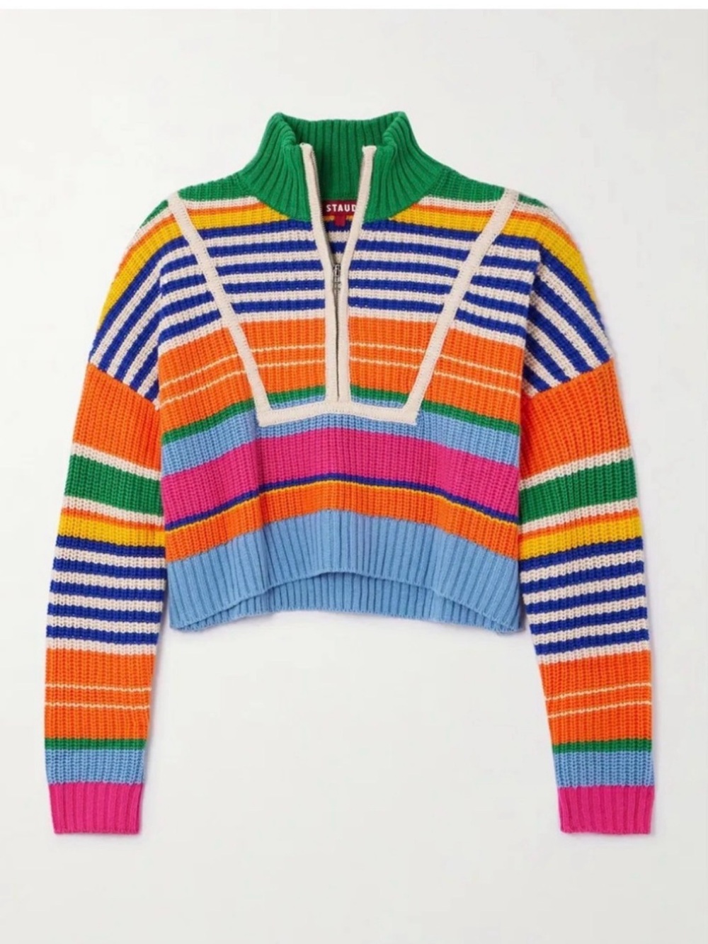 STAUD Multicolor Striped Cropped Half-Zip Turtleneck Sweater